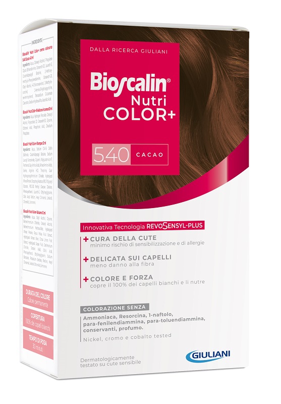 BIOSCALIN NUTRICOLOR PLUS 5,40 CACAO CREMA COLORANTE 40 ML +RIVELATORE CREMA 60 ML + SHAMPOO 12 ML + TRATTAMENTO FINALEBALSAMO 12 ML