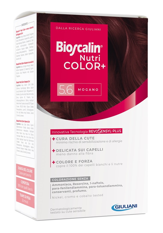 BIOSCALIN NUTRICOLOR PLUS 5,6 MOGANO CREMA COLORANTE 40 ML +RIVELATORE CREMA 60 ML + SHAMPOO 12 ML + TRATTAMENTO FINALEBALSAMO 12 ML